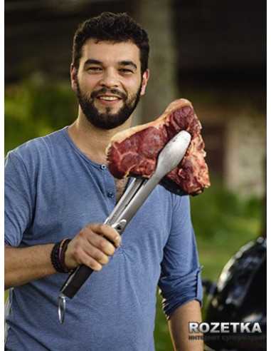 Pinza Weber in acciaio inox che sorregge una fiorentina